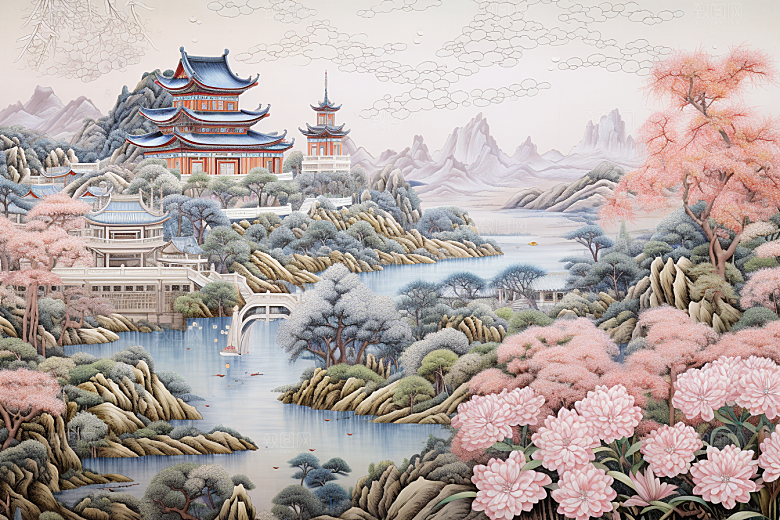 中国风山水自然高清风光刺绣