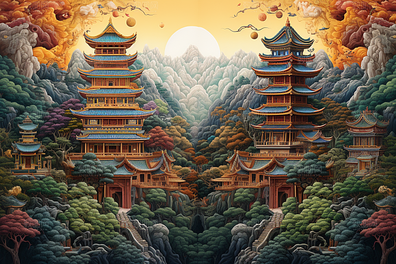中国风山水自然艺术风光刺绣