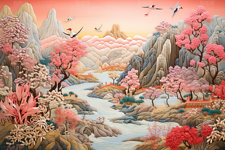 中国风山水自然山河风光刺绣