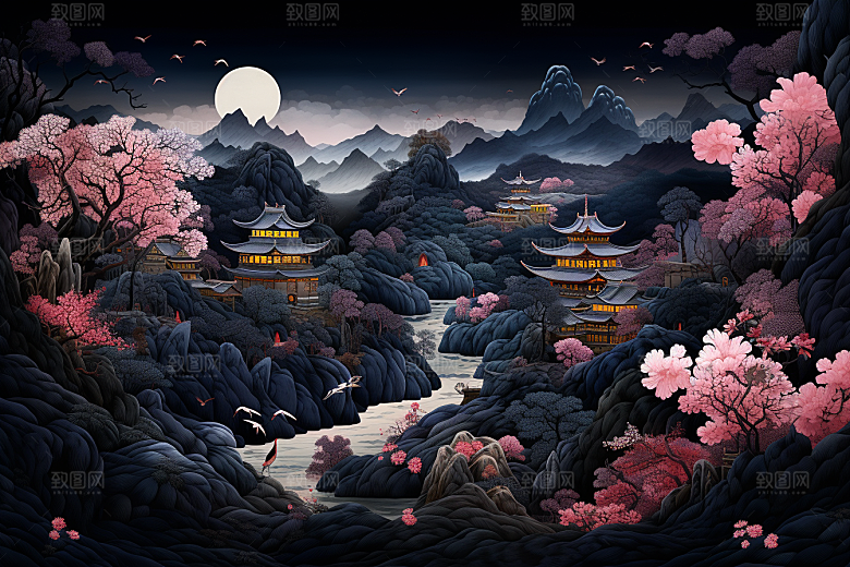 中国风山水自然风物精致刺绣