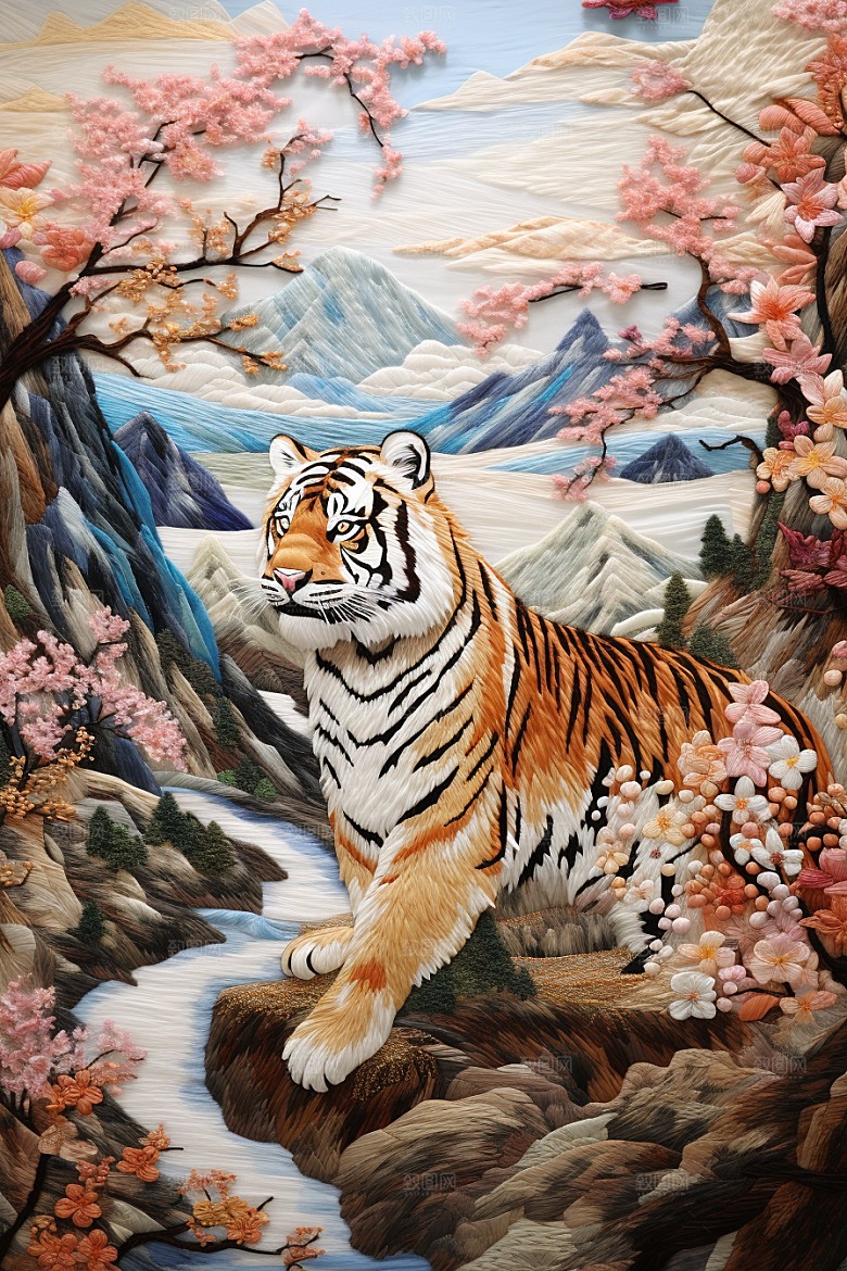中国风山水自然景色技艺刺绣