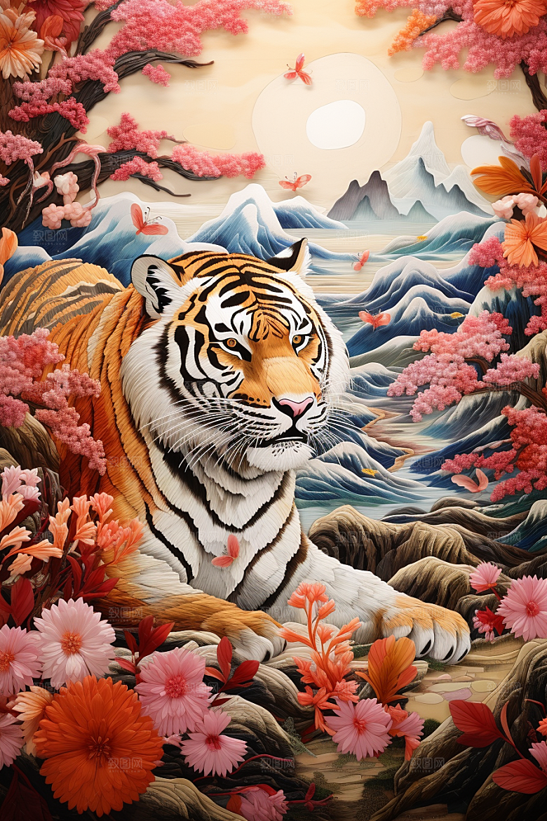 中国风山水自然艺术风物刺绣