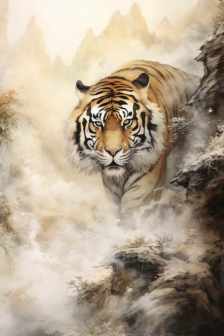 水墨老虎墨染中国风插画