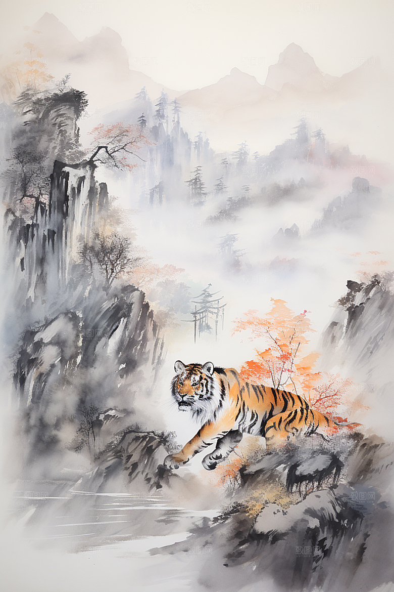 水墨老虎中国风国画插画