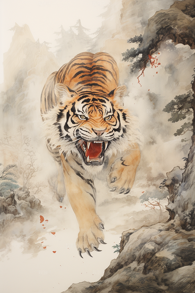 水墨老虎企业文化墨染插画