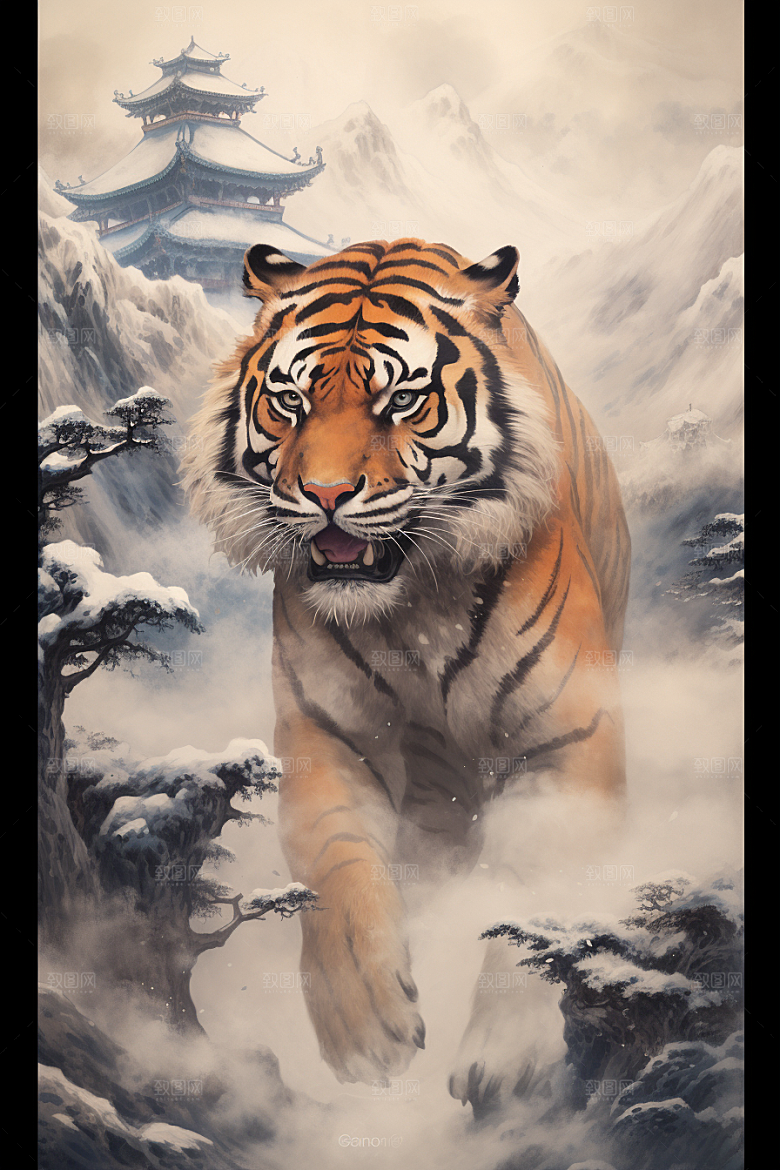 水墨老虎墨染中国风插画