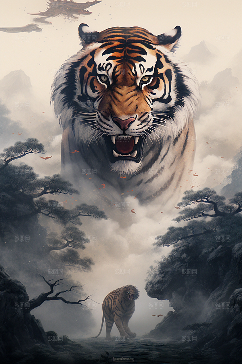 水墨老虎霸气中国风插画