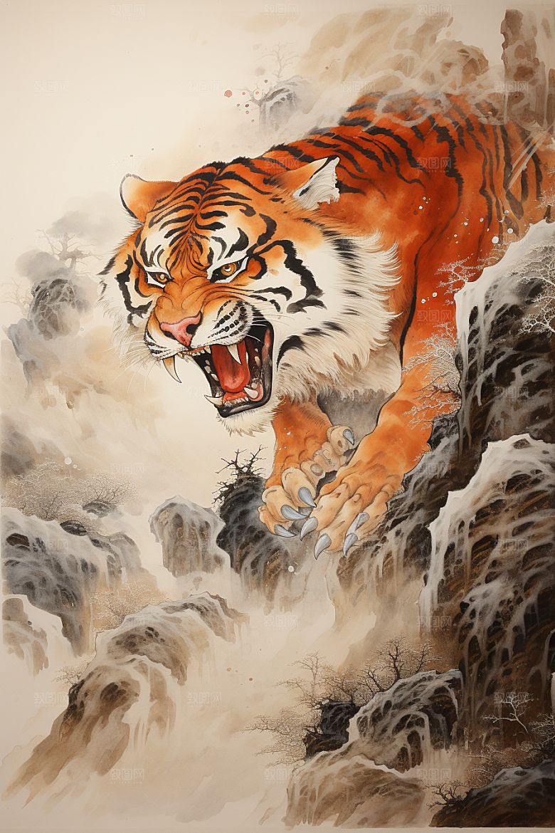 水墨老虎国韵企业文化插画