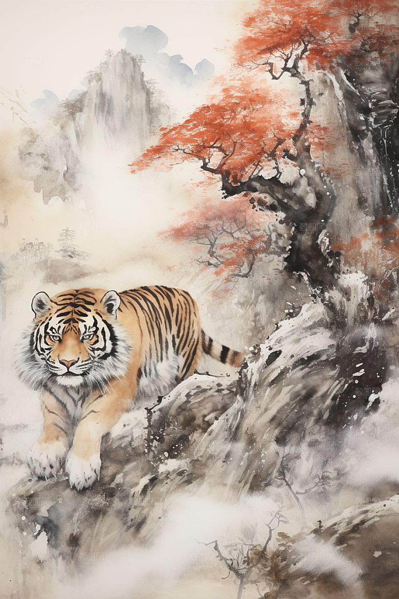 水墨老虎国画高清插画