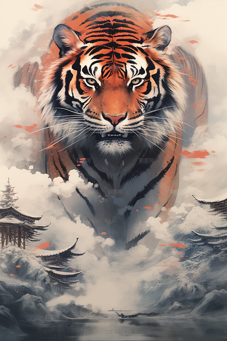水墨老虎中国风高清插画