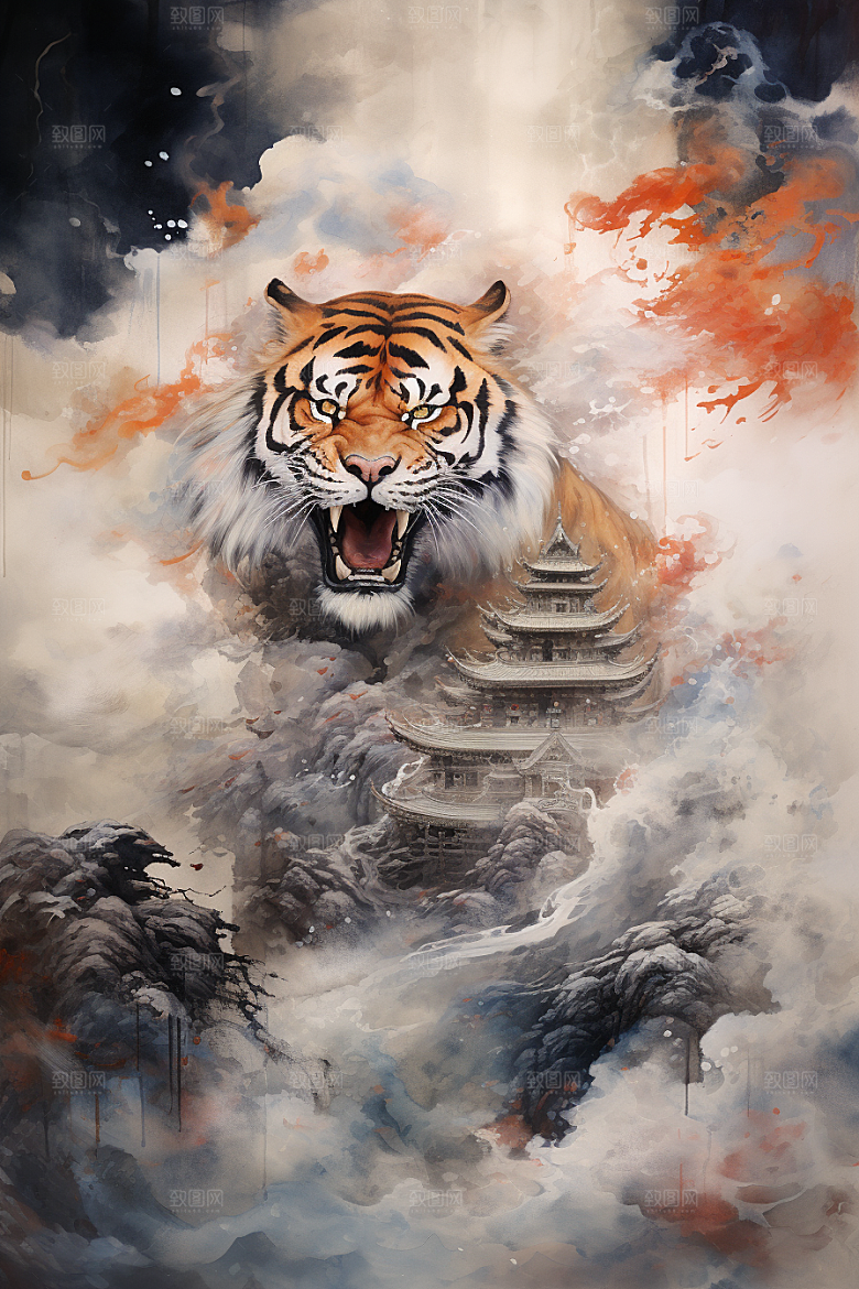 水墨老虎中国风中式插画
