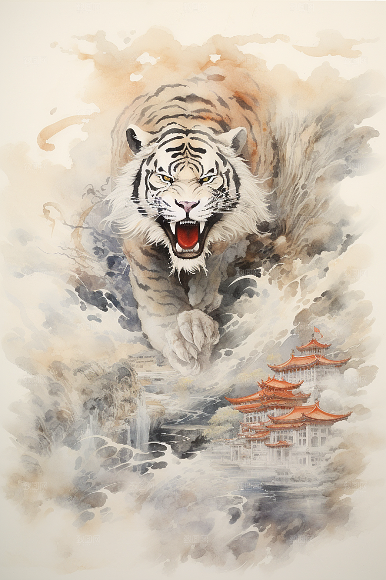 水墨老虎霸气企业精神插画