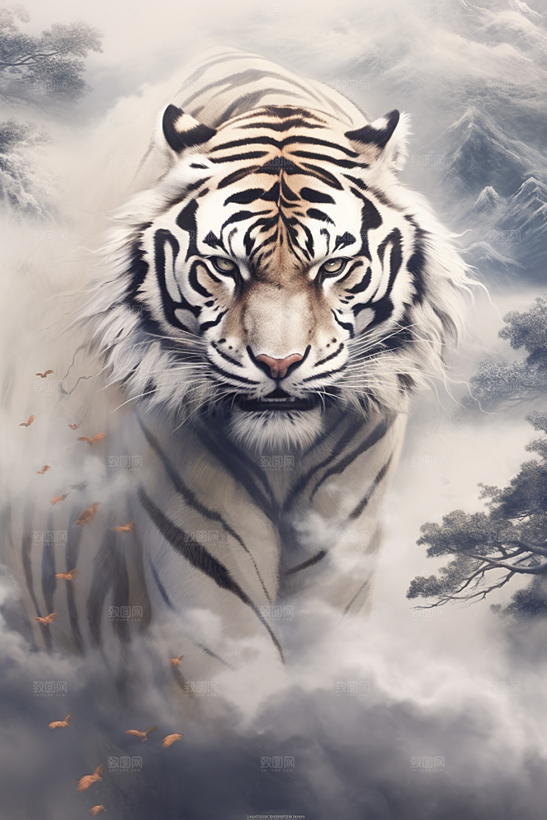 水墨老虎山水国画插画