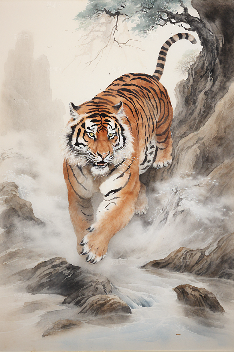 水墨老虎企业文化山水插画