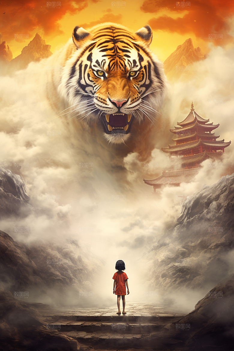 水墨老虎中国风中式插画