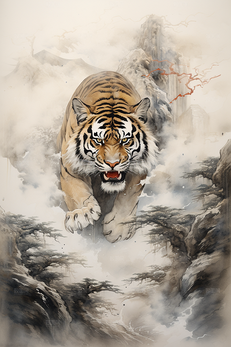 水墨老虎国韵墨染插画