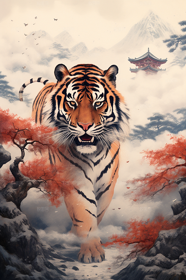 水墨老虎中式国画插画