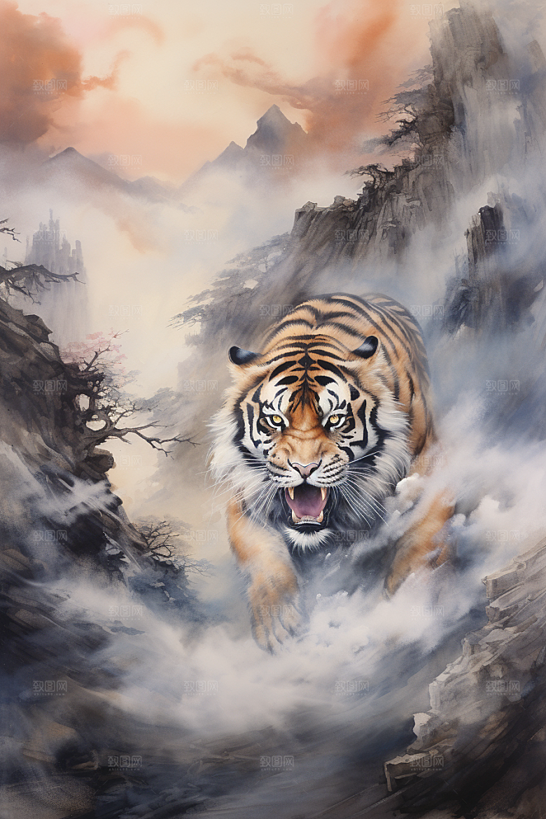 水墨老虎国画山水插画