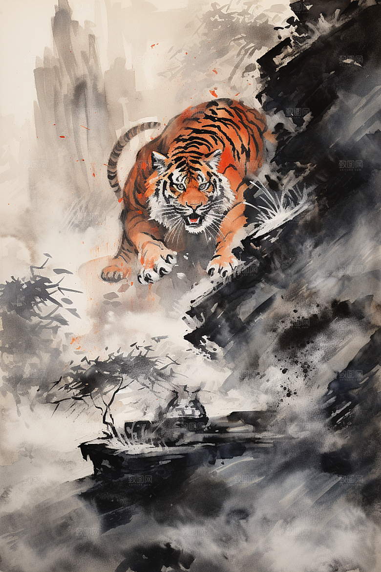 水墨老虎中式墨染插画