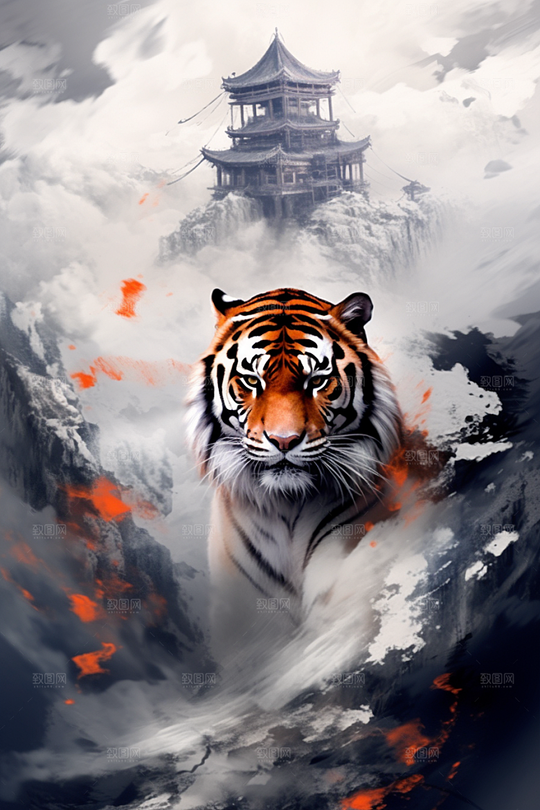 水墨老虎国韵墨染插画