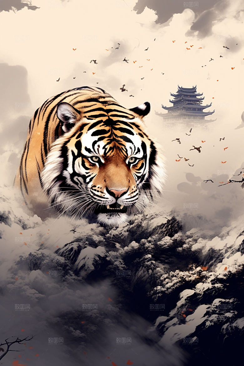 水墨老虎中式中国风插画