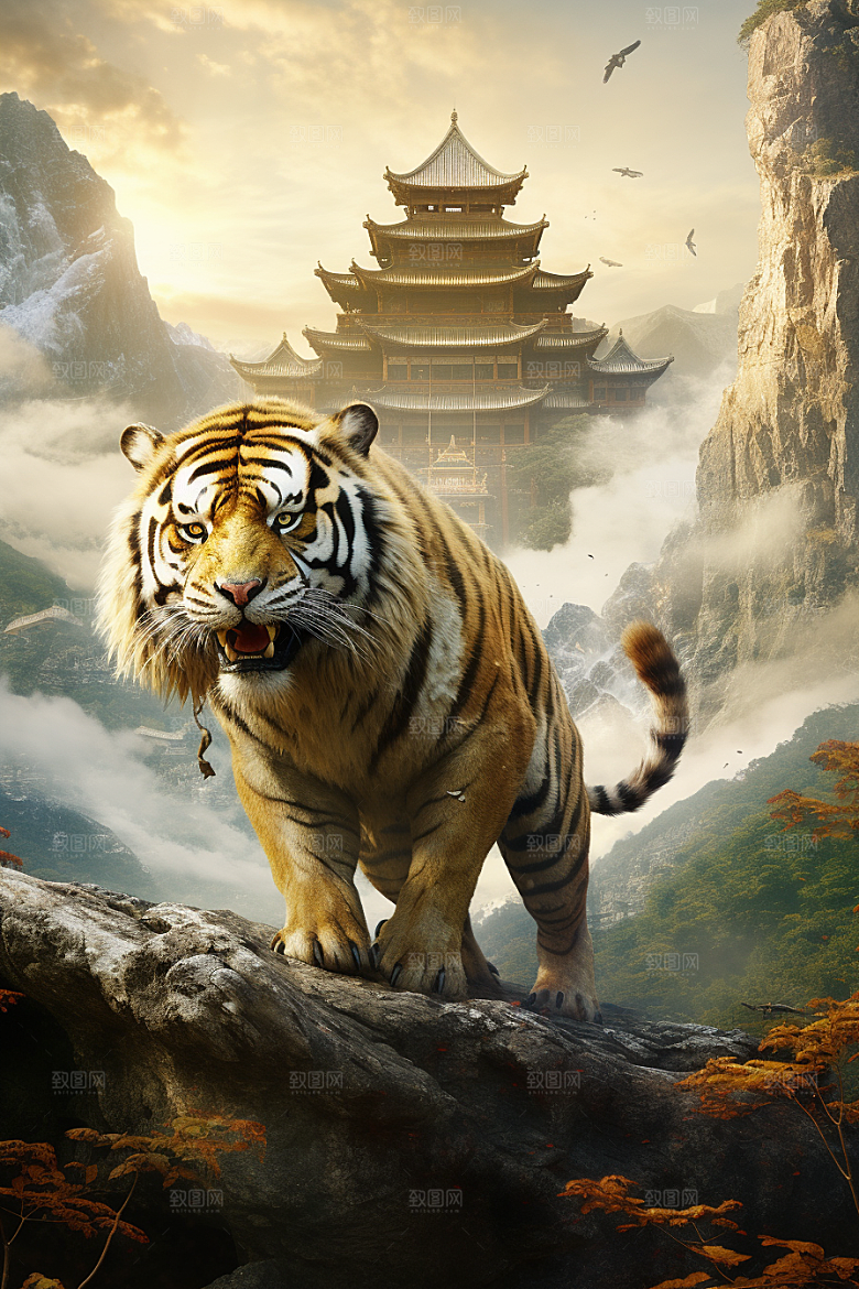 水墨老虎山水中国风插画