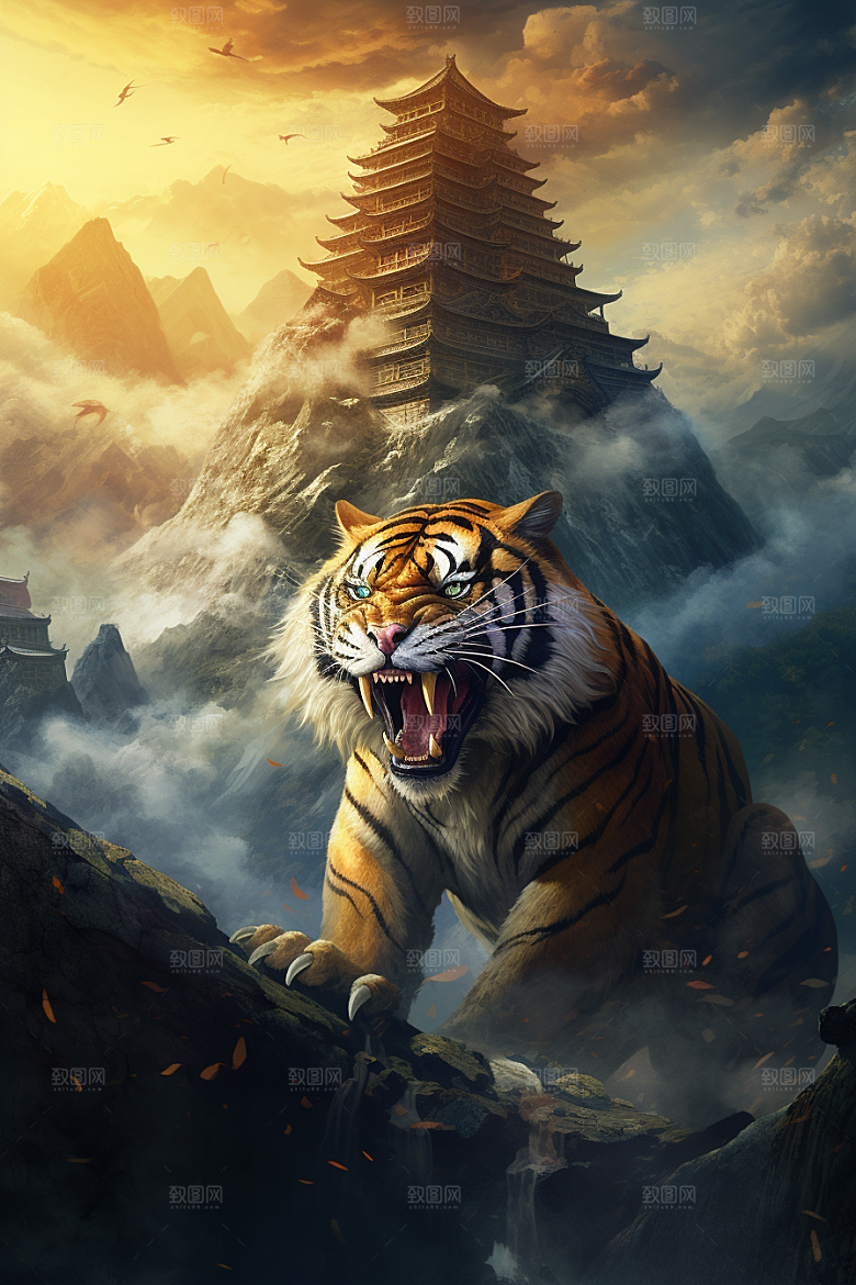 水墨老虎中国风山水插画