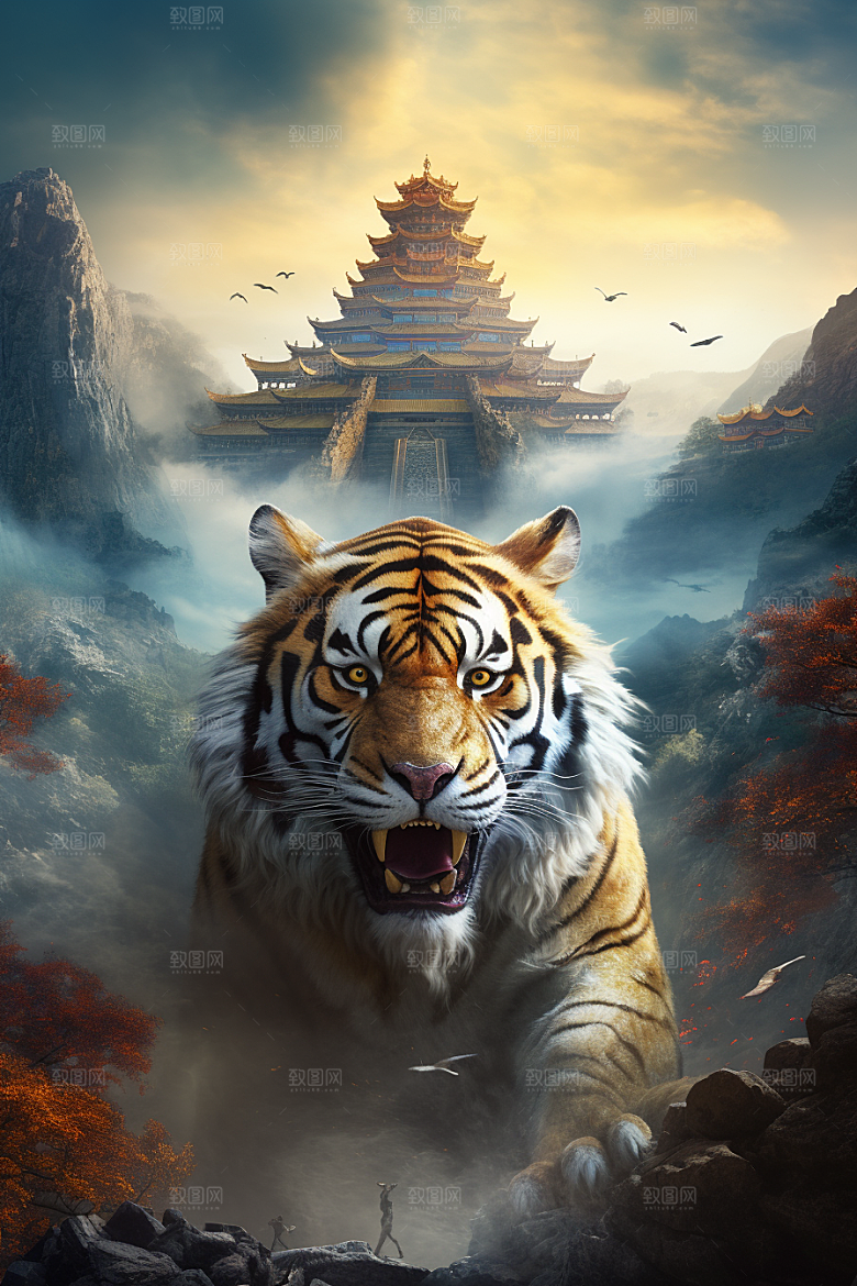 水墨老虎中国风国韵插画