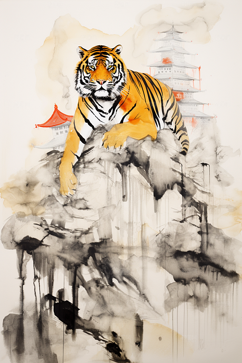 水墨老虎中国风山水插画
