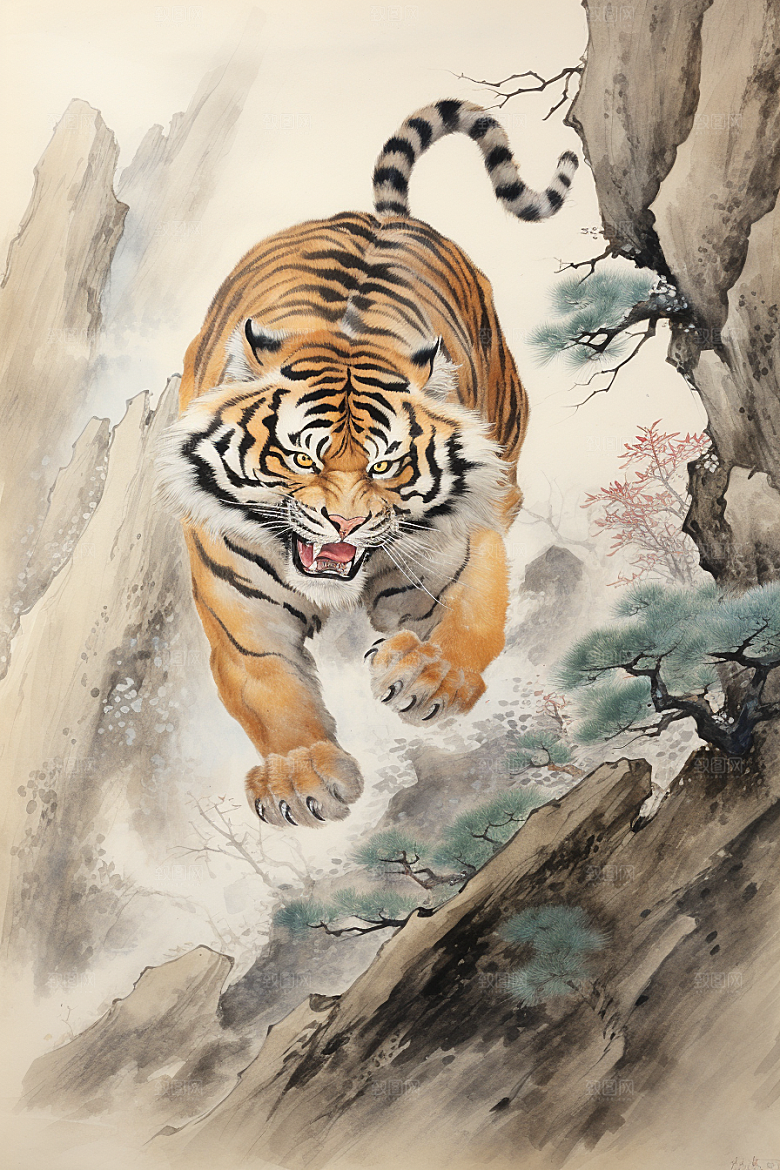 水墨老虎霸气企业文化插画