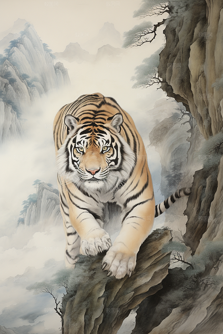 水墨老虎山水中式插画