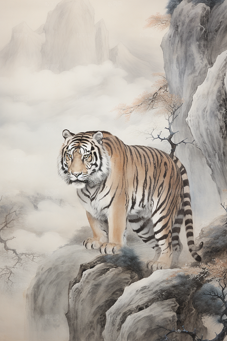 水墨老虎企业精神中式插画
