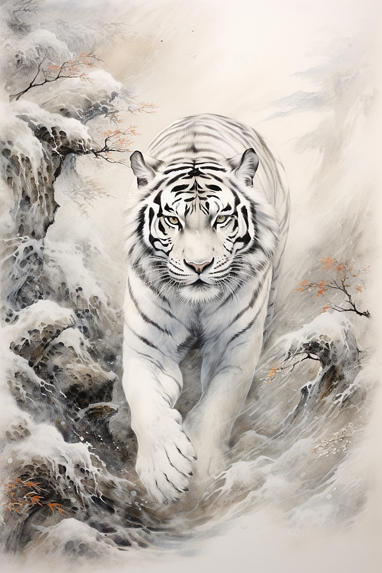 水墨老虎中国风中式插画