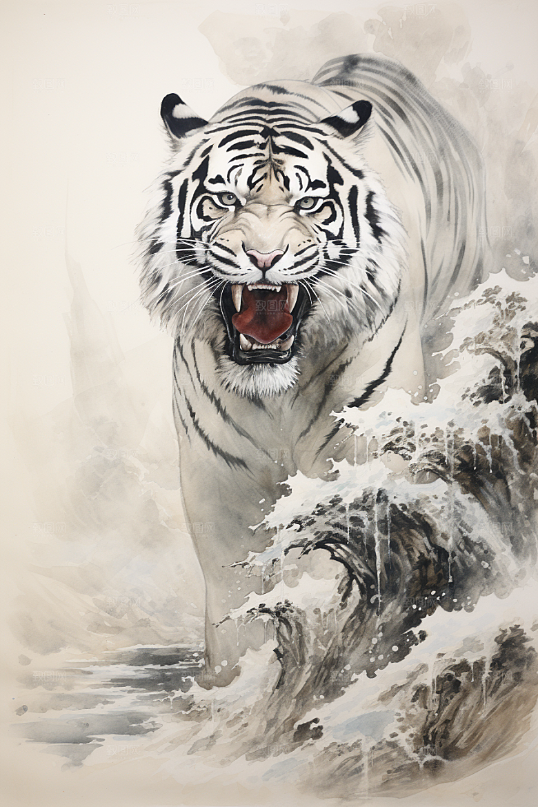 水墨老虎霸气企业文化插画