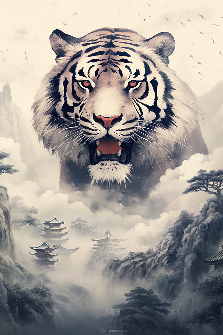 水墨老虎国画中国风插画