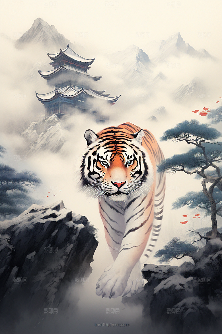 水墨老虎中国风企业精神插画