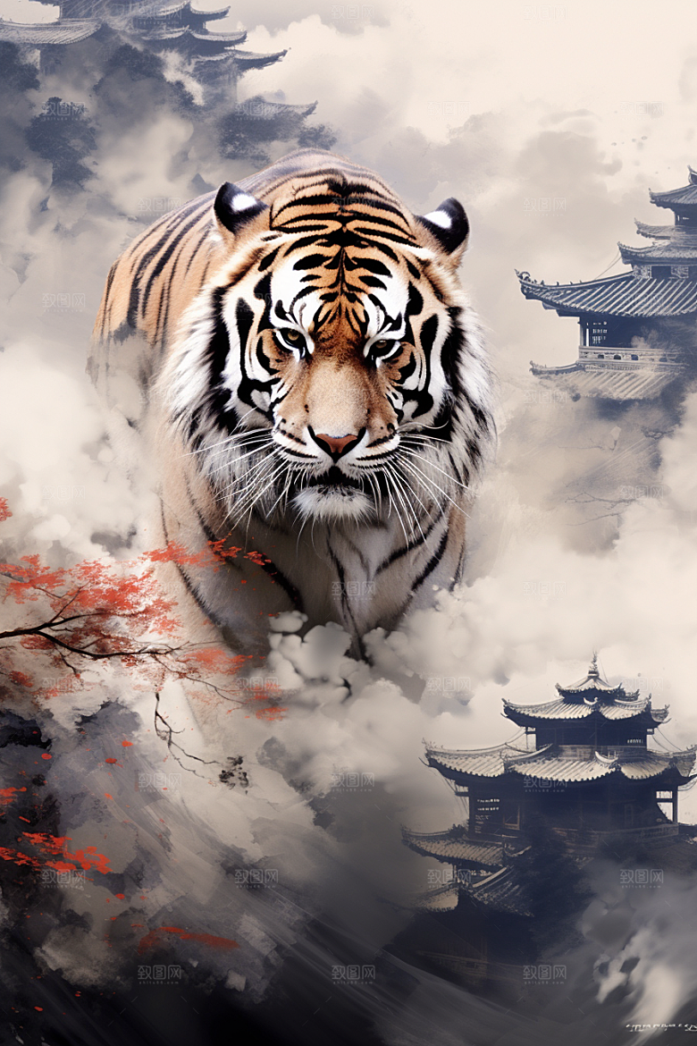 水墨老虎山水高清插画