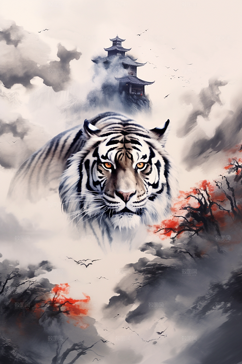 水墨老虎中国风山水插画