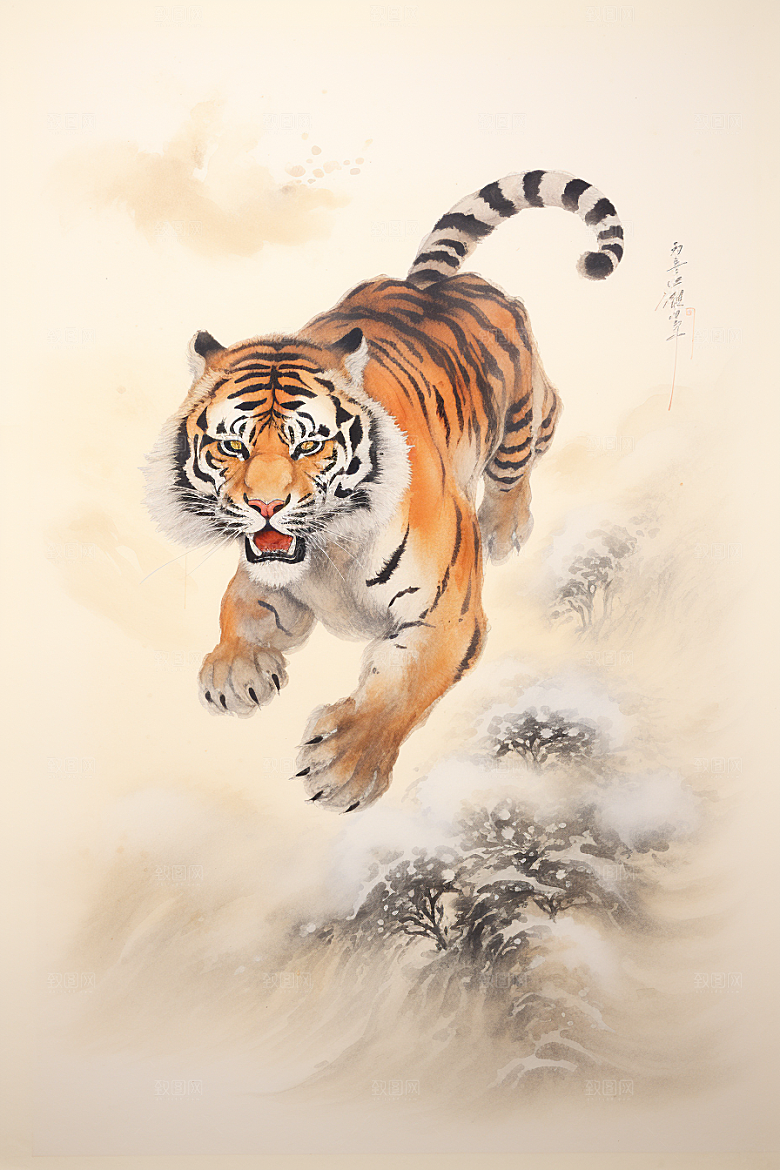 水墨老虎国画企业精神插画