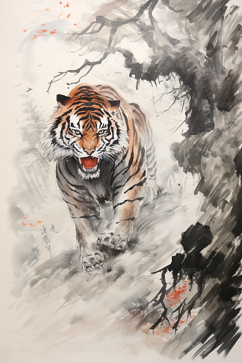 水墨老虎中式墨染插画