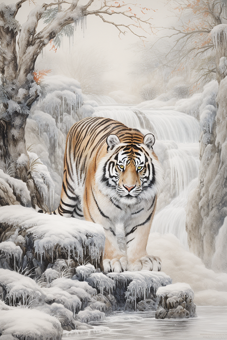 水墨老虎墨染山水插画