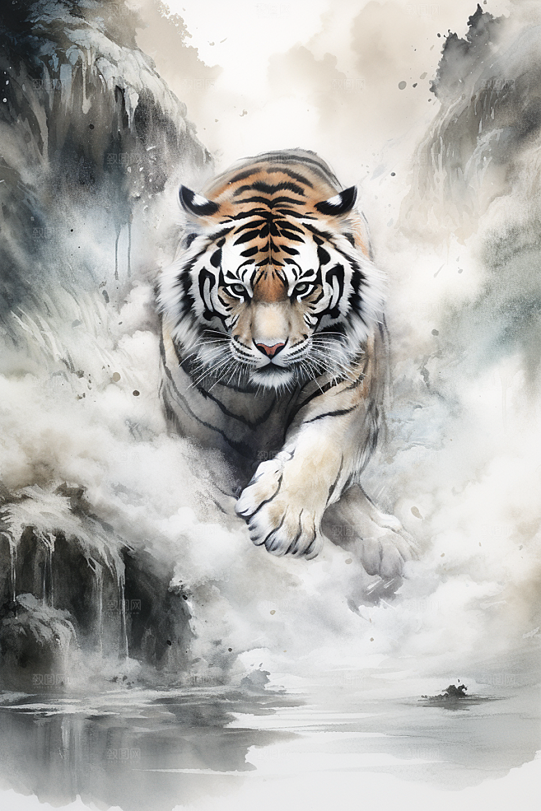 水墨老虎山水企业文化插画