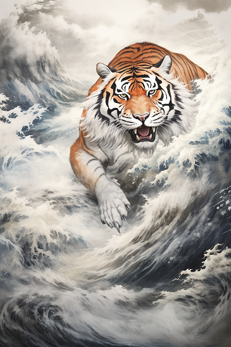 水墨老虎国画中国风插画
