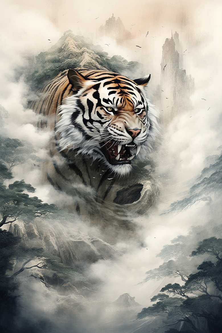 水墨老虎中式高清插画