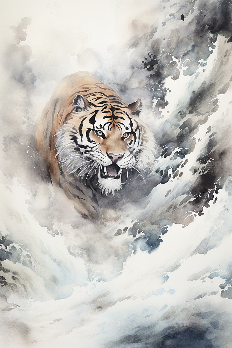 水墨老虎中国风中式插画