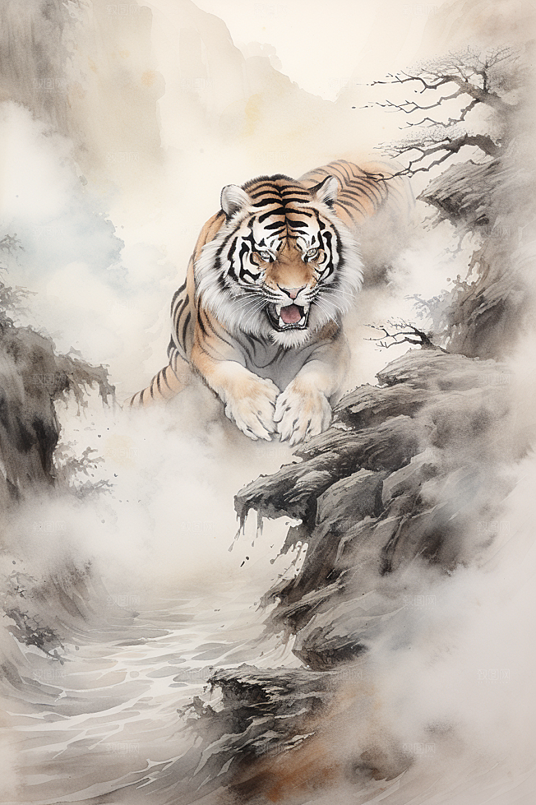 水墨老虎霸气墨染插画