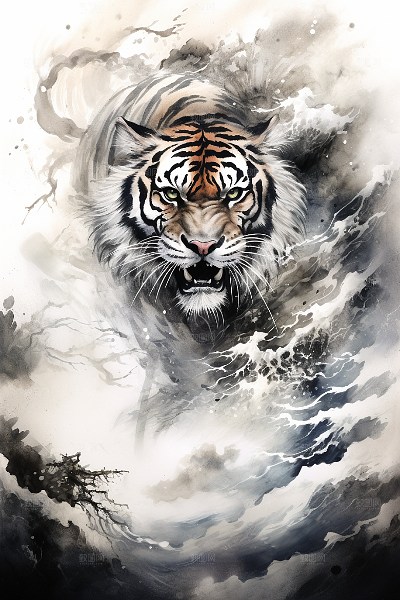 水墨老虎国画墨染插画