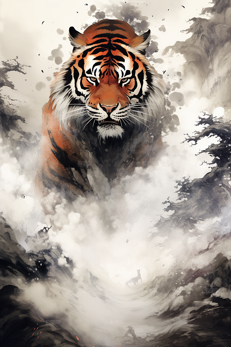水墨老虎中国风墨染插画