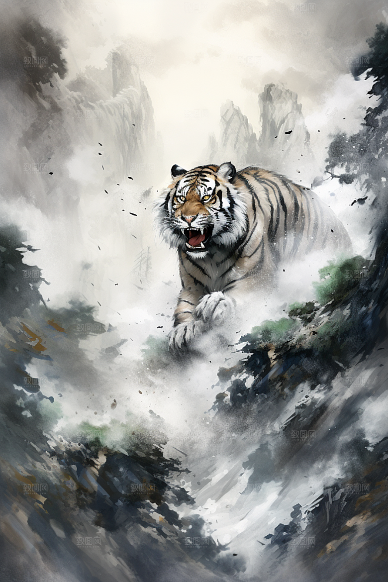 水墨老虎霸气中国风插画