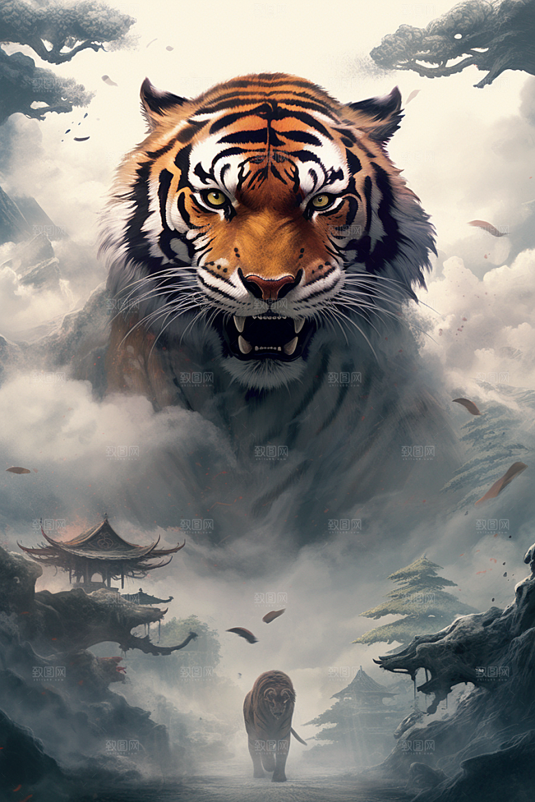 水墨老虎企业文化山水插画